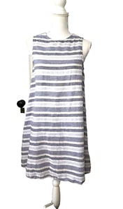 Beach Lunch Lounge Dress Sz XS A Line Sleeveless Blue White Stripe Cotton Linen - Picture 1 of 5