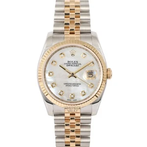 ROLEX DATEJUST 116233 GOLD & STEEL 36MM WHITE MOP DIAMOND DIAL 18K FLUTED BEZEL - Picture 1 of 13