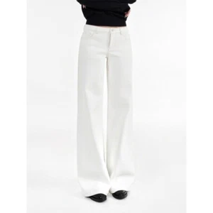 Low Waist Straight Leg Wide Leg White Jeans, Sporty Casual, Slim and Long Pants - Picture 1 of 13