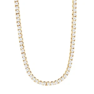 Men's Yellow Gold Plated Genuine Diamond 1 Row Necklace Chain 3.5 MM 24 Inches - Picture 1 of 2