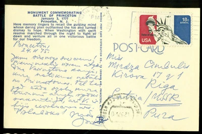 USA USPS FL 1975 BATTLE OF PRINCETON 1777 MONUMENT POSTAL CARD to SOVIET LATVIA - Image 1 of 2