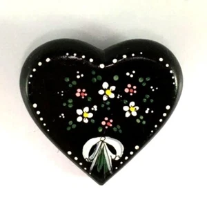 Wooden Tole Painted Heart Brooch Pin with Black Floral Design Handmade Signed - Picture 1 of 2