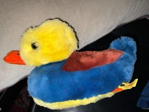 Pato grande de peluche Steiff vintage 5380/26 Alemania años 80 amarillo azul niño bebé - Imagen 1 de 5