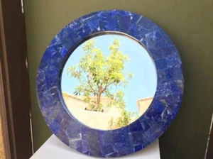 Lapis Lazuli Stone Random Work Mirror Round Shape White Marble Looking Glass Mir - Picture 1 of 11