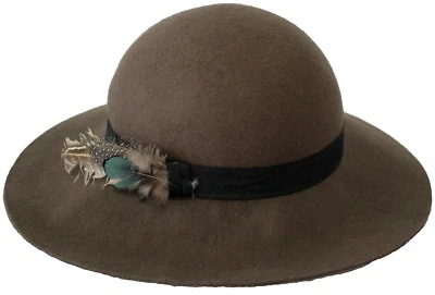 Sportsgirl Wool Felt Wide-Brim 55cm Hat Olive w Black Ribbon Feather Panama OSFM - image 1 of 4