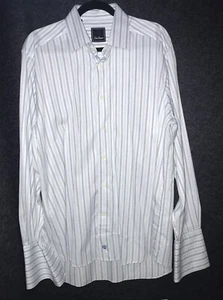David Donahue Dress Shirt Mens 16.5 34 / 35 White Blue Purple Striped Button Up - Picture 1 of 7