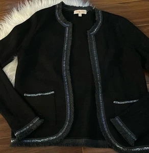 TORY BURCH M TWEED JACKET Black Beaded Accents HOOK & EYE CLOSURE Medium Wool - Picture 1 of 5