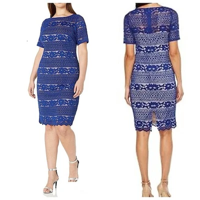 Adrianna Papell Lace Overlay Sheath Dress Womens Sz 16W Blue Short - Image 1 of 4