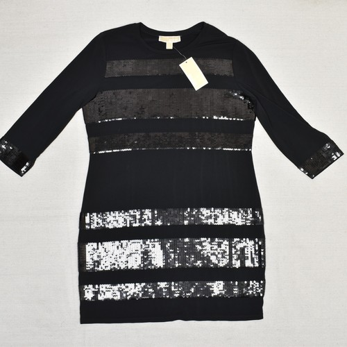 NUOVO abito tubino donna Michael Kors manica 3 4 poliestere nero taglia L paillettes