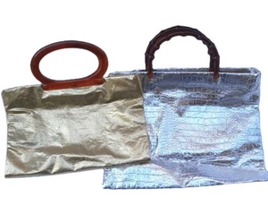 2 Vtg Metallic Gold/Silver Vinyl Hand Bags/Purses  Lucite Handles 1960s 70s - Picture 1 of 15