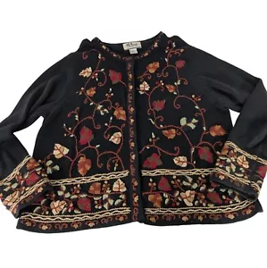 Vintage All Points Embroidered Cardigan Womens Size XL Black Floral Snap Front - Picture 1 of 10