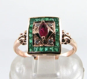 9K 9CT ROSE GOLD RUBY COLOMBIAN EMERALD CLUSTER ART DECO INS HARLEQUIN RING - Picture 1 of 5