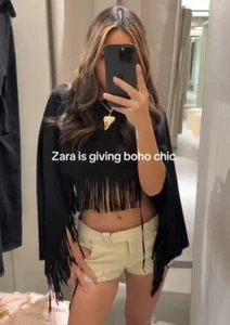ZARA STUDIO BNWT 2025. BLACK SUEDE LEATHER FRINGED CAPE BLAZER. 6098/907/800 - Picture 1 of 10