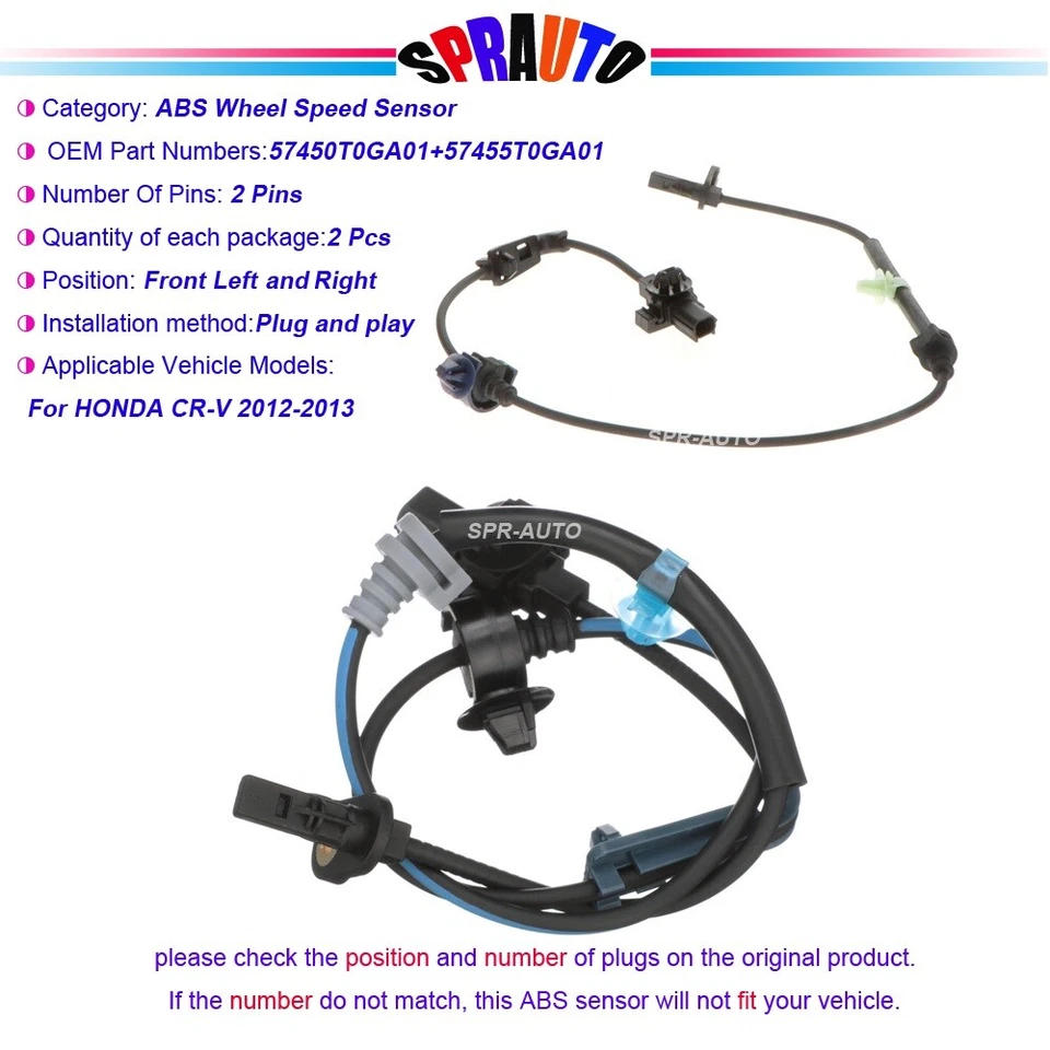 2 ABS Speed Sensor Set Front Driver and Passenger For Honda CR-V 2.4L 2012-2013  - Image 1 of 4