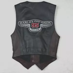 HARLEY DAVIDSON 95° Anniversario Gilet Donna XS Pelle Nero Marrone Motociclista - Foto 1 di 24