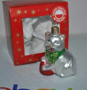 NUOVO IMPULS Natale bocca vetro soffiato GATTO ARGENTO con ornamento PALLA ROSSA 2,25"H Polonia - Foto 1 di 2