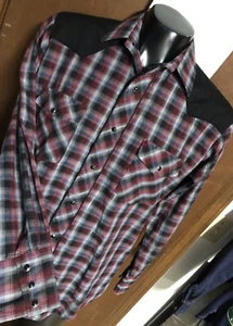 Red Ranch Black Blue Silver Tinsel Plaid Pearl Snap Western Shirt Mens M Medium - Picture 1 of 12