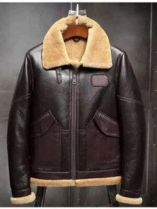 Men B6 Bomber Aviator USAF Flying SheepSkin Shearling Pilot Brown Leather Jacket - Picture 1 of 1