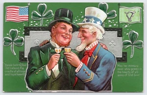1910 St. Patrick’s Day Postcard-Uncle Sam Toasting Irish Man USA Flag, Clover - Picture 1 of 2