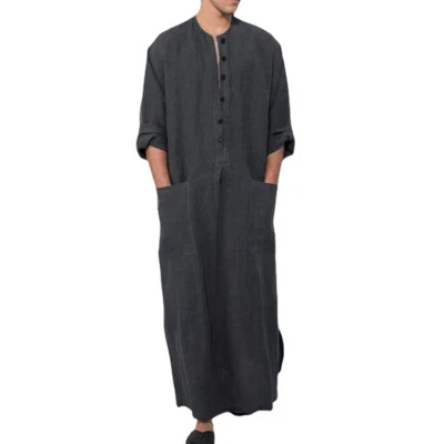 Men Arab Muslim Robe Baggy Islamic Thobe Casual Jubba Kaftan Long Robes Clothing - Image 1 of 4
