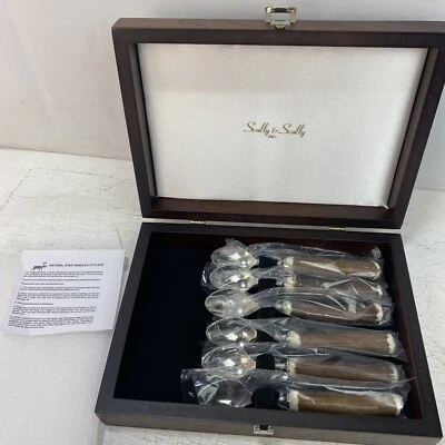 Scully And Scully Set Of 6 Tea Spoons - English Natural Staghorn Handle Flatware - Image 1 of 4
