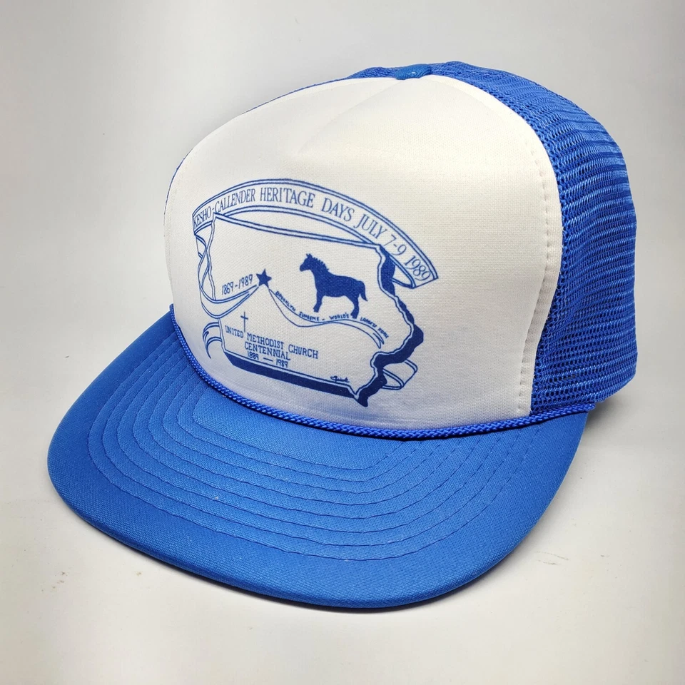 DE COLECCIÓN Iowa Gorra Camionero Malla Trasera Azul Blanco Iglesia Correa 1989 Espuma Foto 1 de 4