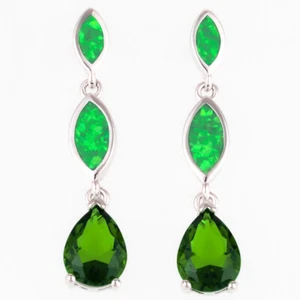 7x9Simulated Emerald Green Fire Opal Silver Filled Jewelry Drop Pierced Earrings - Picture 1 of 6