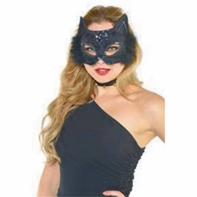 FANCY BLACK CAT FEATHER MARABOU MASK COSTUME MASQUERADE HALLOWEEN PARTY CATWOMAN - Image 1 of 2