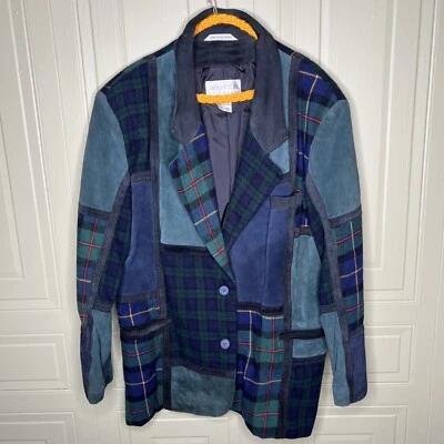 Vintage Men’s 18T Brandon Thomas Plaid Suede Patchwork Blazer Jacket Green Blue - Image 1 of 4