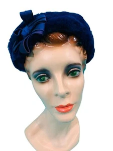 Vintage 1960s Faux Fur Hat Mod Colby Blue Round Cap - Picture 1 of 10