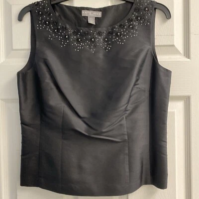 Kate Hill Woman Black Beaded Collar Tank Top-100% Silk Lining/100% Acetate-sz 8P - Image 1 of 4
