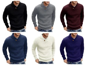 Mens Shawl Collar Jumper Fine Knit Pullover Elegant Regular Fit Sweater Knitwear - Picture 1 of 44