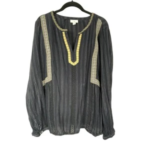 J. Jill Navy Blue Tan Striped Tunic Embroidered Size XL Long Sleeve Boho Coastal - Picture 1 of 6