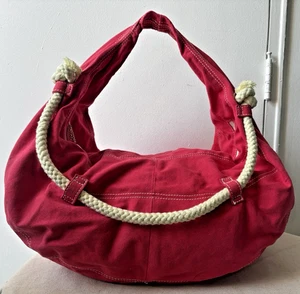 Betsey Johnson Red Canvas Hobo Banana Shape Shoulder Bag White Rope Zip GUC - Picture 1 of 12