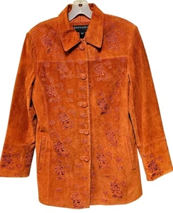 Chaqueta Bernardo Mujer Pequeña Gamuza Genuina Cuero Floral Bordada Naranja - Imagen 1 de 24