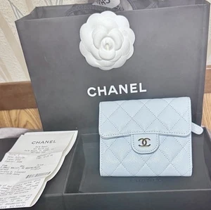 CHANEL NIB Tri Fold Wallet Bleu Caviar Compact Wallet Blue Gold Hardware Receipt - Picture 1 of 12