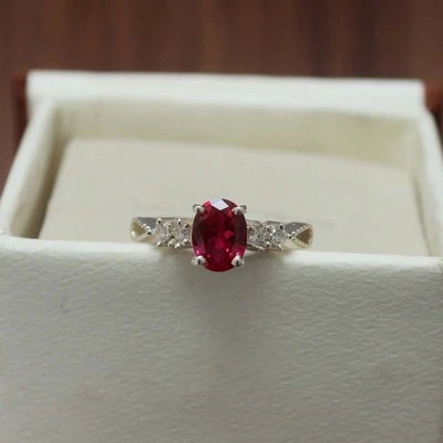 Oval Ruby Lab Gemstone Ring 925 Sterling Silver Statement Garnet Jewelry Gift - Image 1 of 4