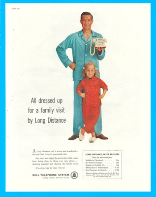 Bell Telephone papá e hija pijama llamada larga distancia anuncio impreso vintage 1960 Foto 1 de 3