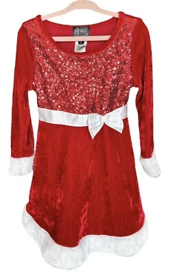 Pink & Violet Girls Holiday Christmas Dress Red Velvet Size 4 Sequins Fur Trim - Image 1 of 2