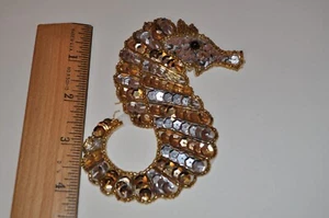 Vintage Applique Patch--GOLD & SILVER GLITTER SEAHORSE (Sew On) 4-1/2" - Picture 1 of 2