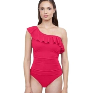 Profile by Gottex Red Tutti Ruffle One Pice Swimsuit One-Shoulder Size 10 - Picture 1 of 13