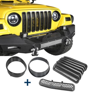 Hooke Road Headlight Bezels Cover Trim+Grille Inserts for Jeep Wrangler TJ 97-06 - Foto 1 di 12