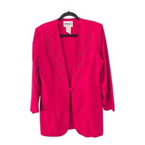 VTG Studio Long Jacket Women 14 Red Padded 1Button Embroidered Career - Picture 1 of 8