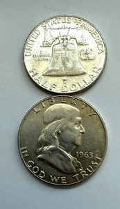 1963 D Ben Franklin 50 cents 1/2 dollar Pristine and shiny SET OF 2 COINS - Picture 1 of 9
