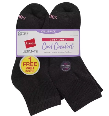 Hanes Ultimate 8+1 Bonus Pack Mujer Negro Fresco Cómodo Calcetines Tobilleros Acolchados Foto 1 de 2