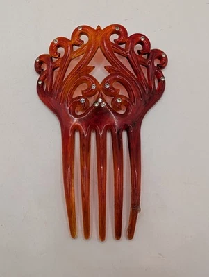 Peine de pelo grande vintage victoriano imitación caparazón de tortuga con detalles de diamantes de imitación. Foto 1 de 4