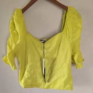 Rachel Zoe Leinen Top XL Chartreuse grün Puffärmel eckiger Ausschnitt Cottagecore - Bild 1 von 14