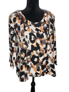 WOMENS XLP HOT COTTON BLOUSE BLACK WHITE PEACH KHAKI GREEN SPLOTCHES OF COLOR - Picture 1 of 11