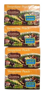 FOUR BOXES CELESTIAL SEASONING SLEEPYTIME PEACH HERBAL TEA | 20 BAGS EACH BOX - Picture 1 of 6