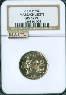 2000 P MASSACHUSETTS STATE QUARTER NGC MS67 PL MAC SPOTLESS . - Image 1 of 2